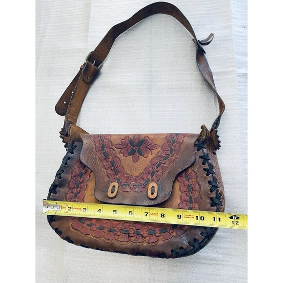Vintage Mexican Leather Bag SIOUX Tooled Floral Boho Hippie Shoulder Crossbody - Picture 5 of 12